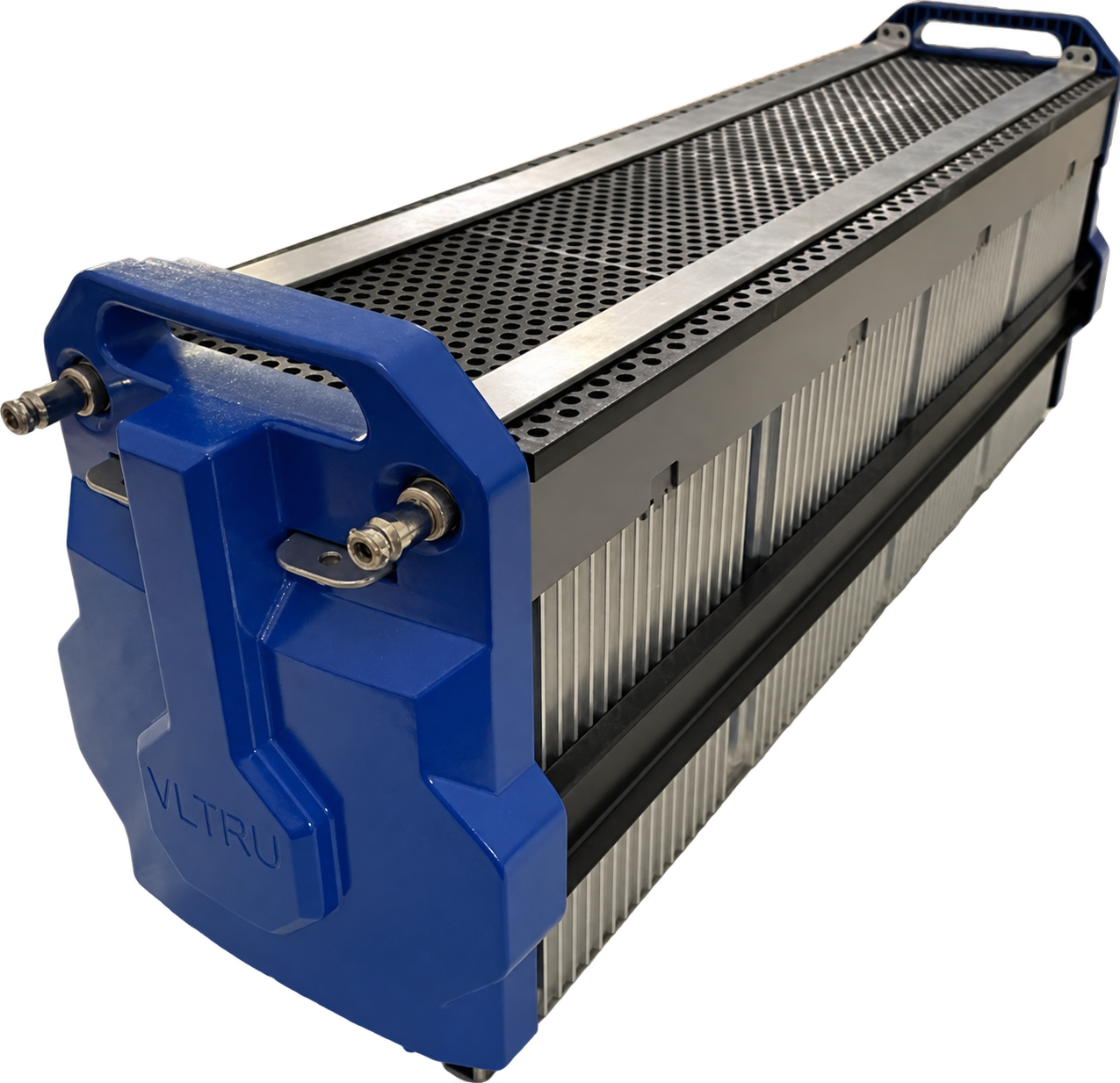 VLTRU battery assembly with blue end caps and a metal enclosure