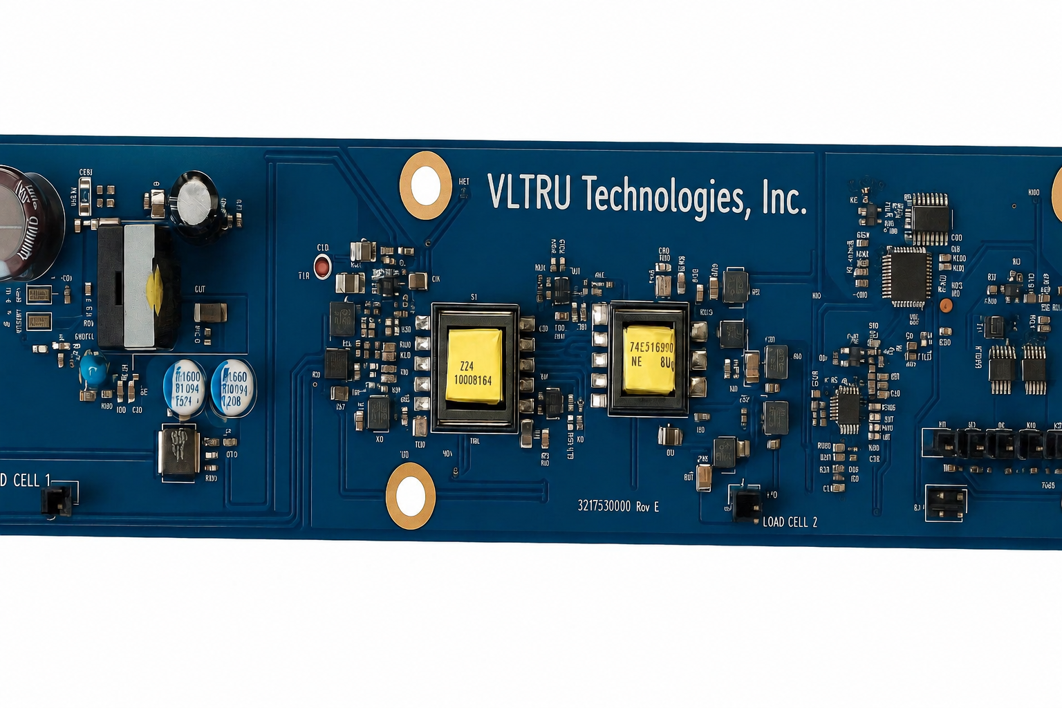 Close-up of a blue VLTRU circuit board and its electronic components